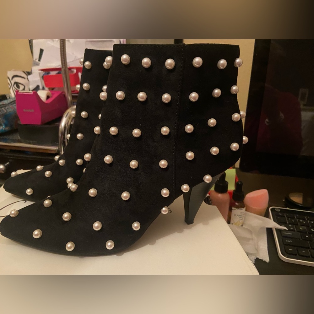 Black Pearl-Studded Ankle Boots